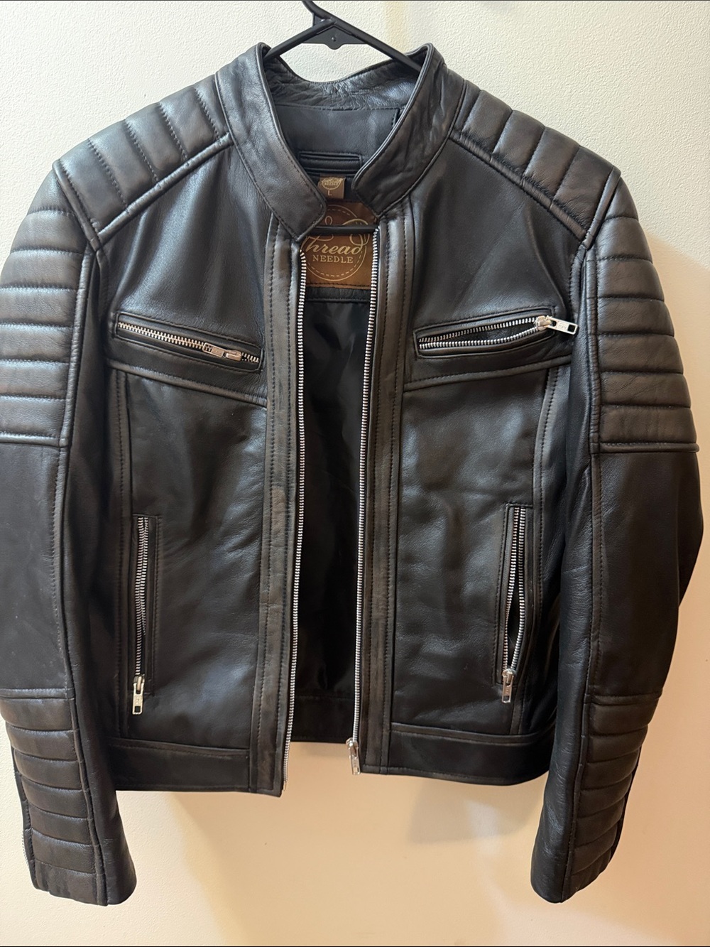 Franco Sarto Black Quilted-Shoulder Leather Jacket